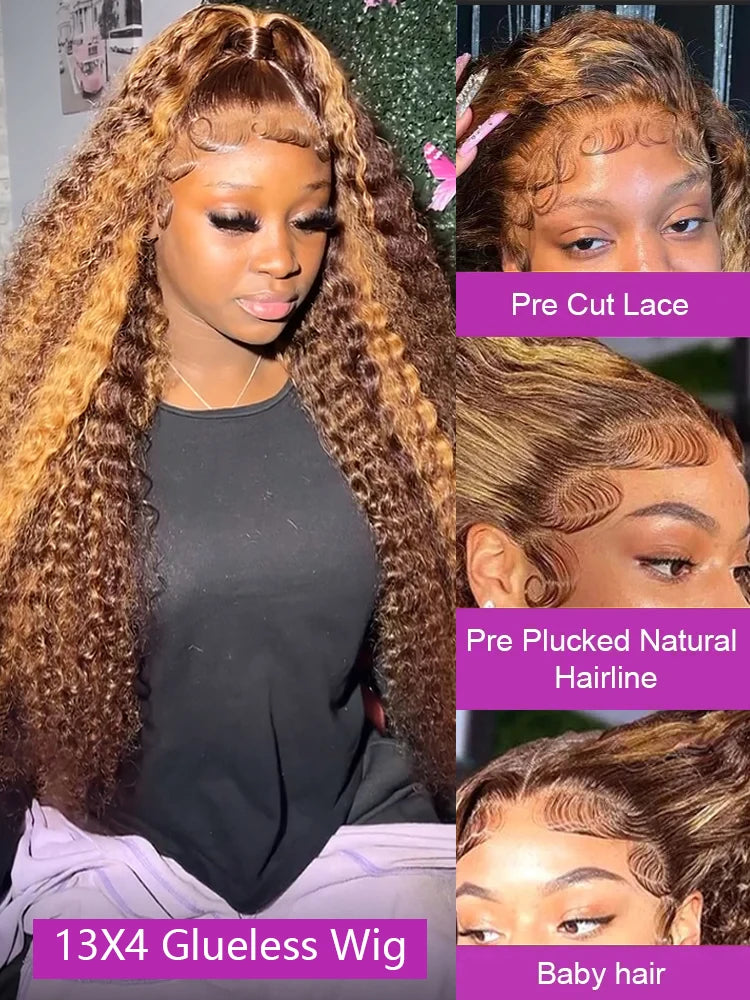 Lace wigs Highlight Ombre 13x4 HD Curly Human Hair Wig Deep Wave Frontal Wig Pre Cut Wear Go Glueless Wigs Lace Closure Wig Local Delivery