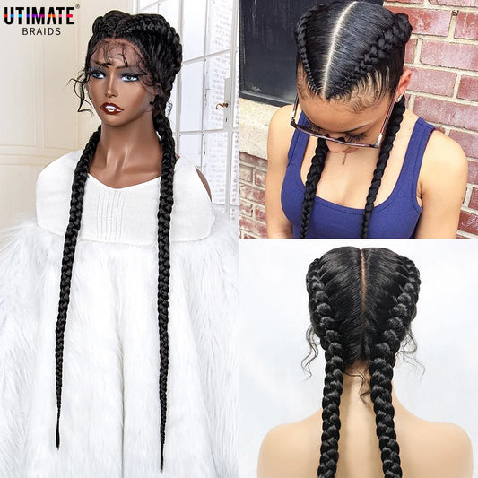 Braids SENSE 36 Inches Long Lace Front Synthetic Braided Wigs Lace Front Twins Cornrow Braided Wig for Black Women with Baby Hair Middle Part